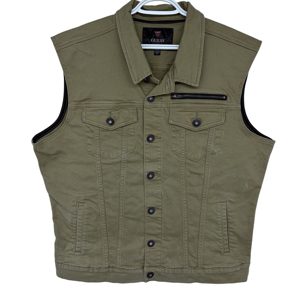 Green Guess‎ Denim Canvas Vest Mens XL Pockets Utility